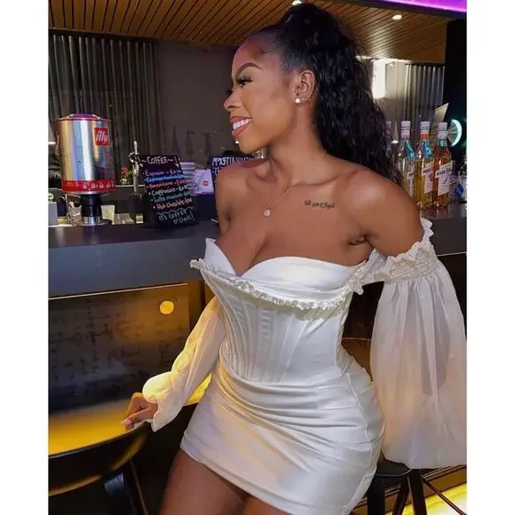 HOUSE OF CB Beau White Ivory Draped Corset Bustier Dreamy Flowy Chiffon Dress - Picture 6 of 16